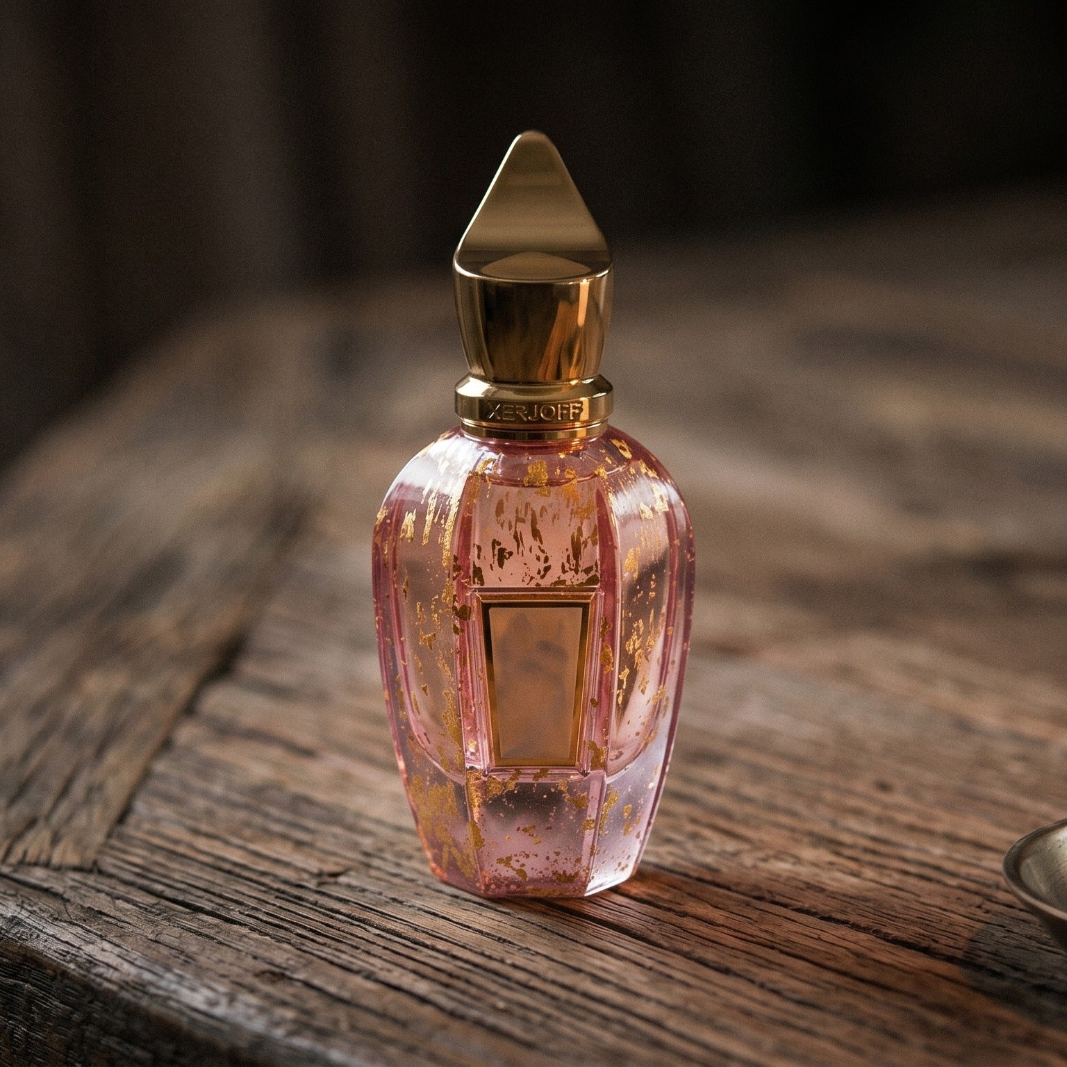 Xerjoff Elle Anniversary Parfum on aged teak with a candle burning gently to frame-right