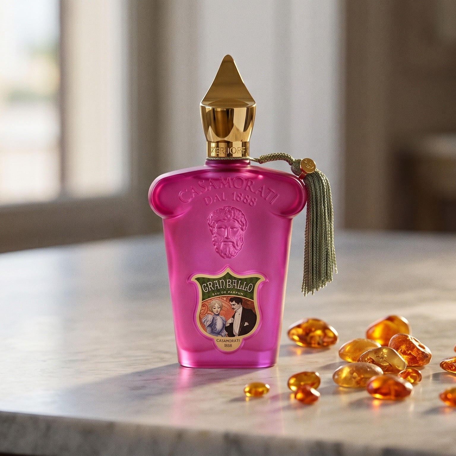 Xerjoff Gran Ballo EDP on pale grey marble with amber resin beads scattered to one side