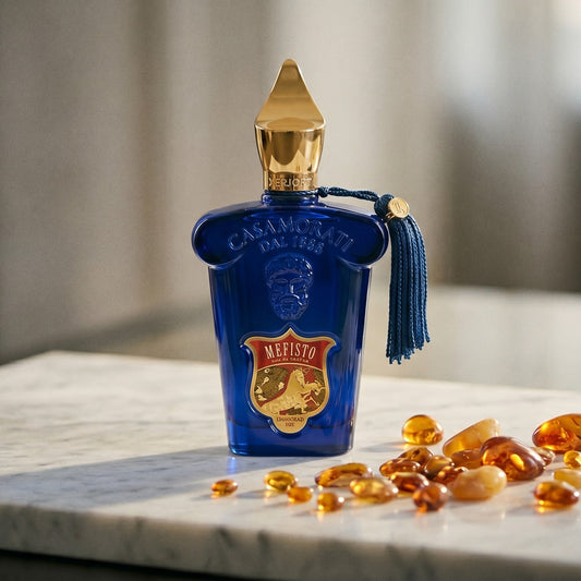 Xerjoff Mefisto EDP on pale grey marble with amber resin beads scattered to one side