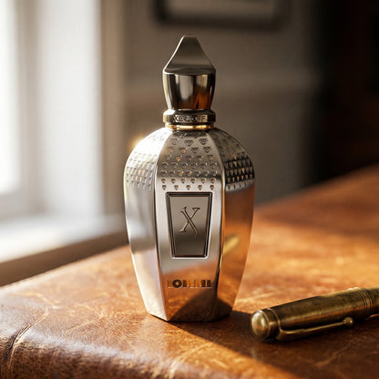 Xerjoff Monkey Special Tony Iommi EDP on aged cognac-leather surface with a brass fountain pen resting beside the bottle
