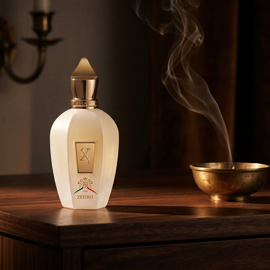Xerjoff Zefiro EDP on dark walnut console with a small brass incense bowl with smoke curling upward