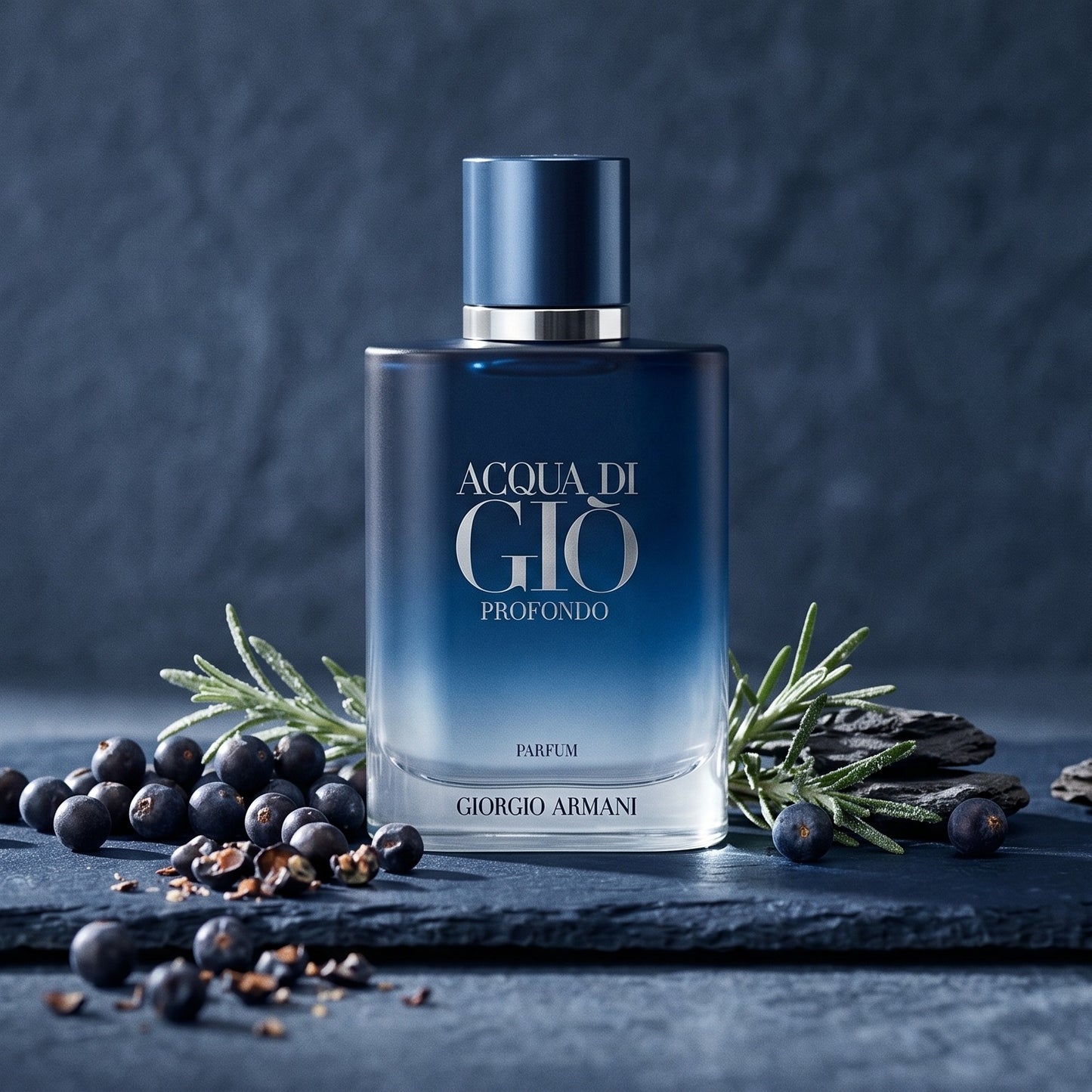 Acqua di Gio Profondo Parfum on dark navy slate with a handful of crushed juniper berries