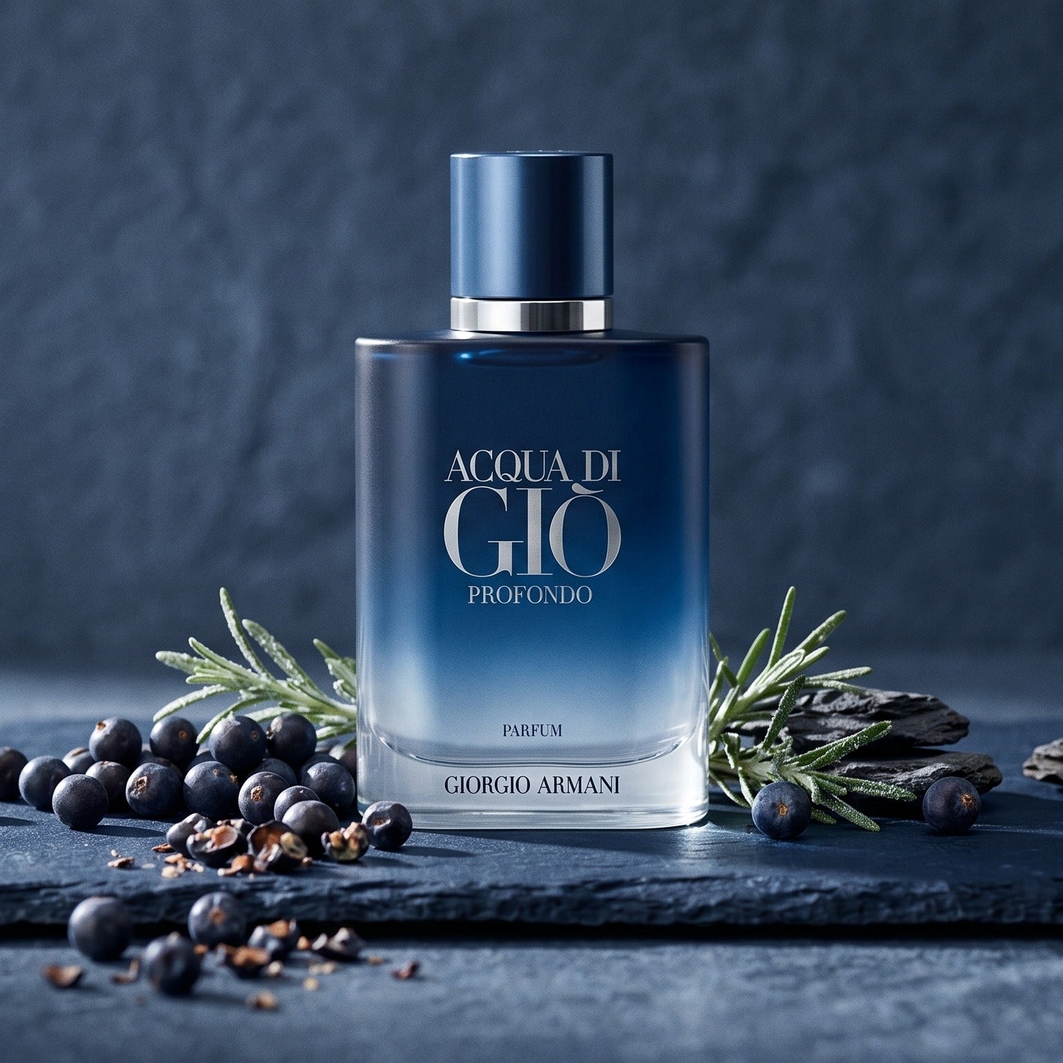 Acqua di Gio Profondo Parfum on dark navy slate with a handful of crushed juniper berries