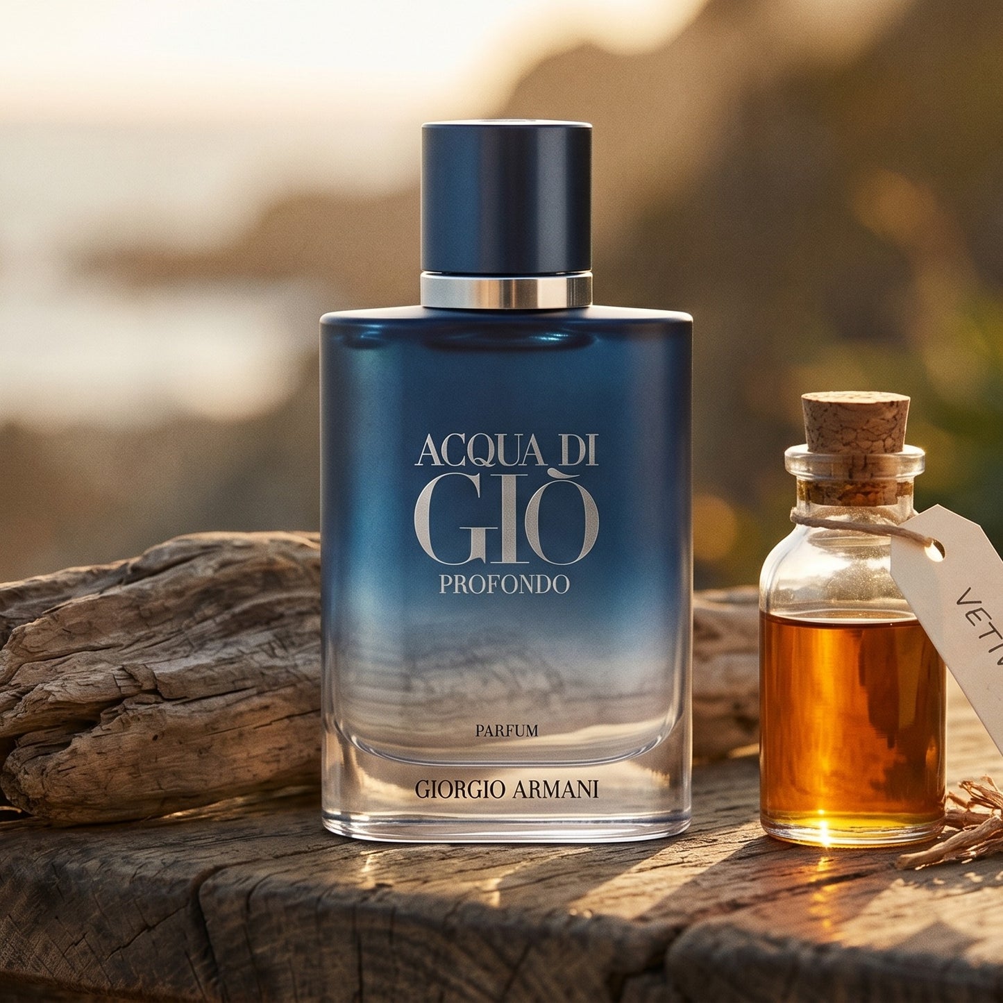 Acqua di Gio Profondo Parfum on weathered driftwood with a small glass vial of vetiver oil