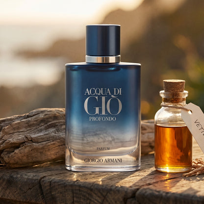 Acqua di Gio Profondo Parfum on weathered driftwood with a small glass vial of vetiver oil