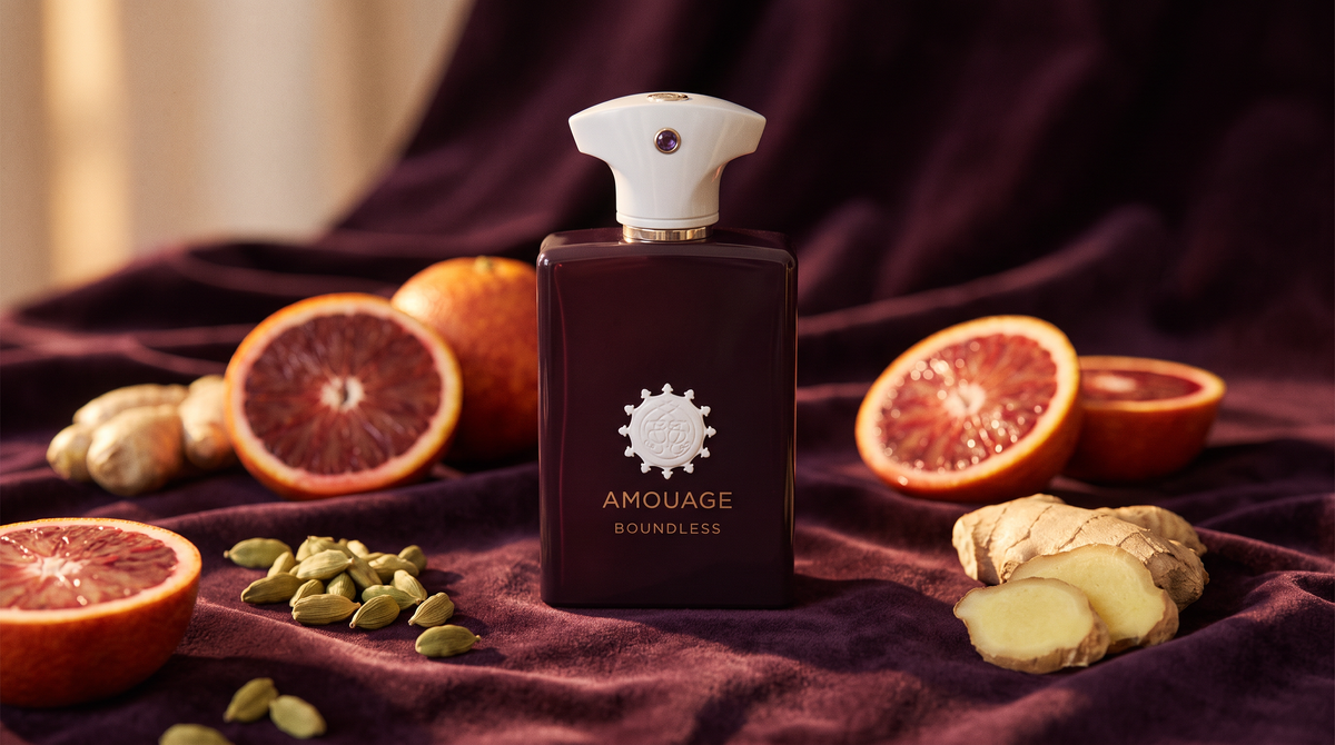 Amouage Boundless EDP on dark plum velvet with blood orange, cardamom and ginger