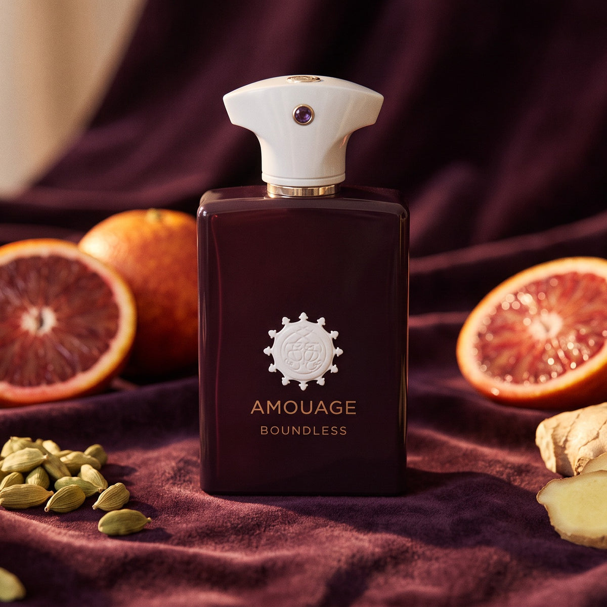 Amouage Boundless EDP on dark plum velvet with blood orange, cardamom and ginger