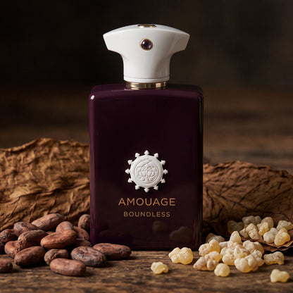 Amouage Boundless EDP on dark aged wood with cocoa beans, tobacco leaves and frankincense
