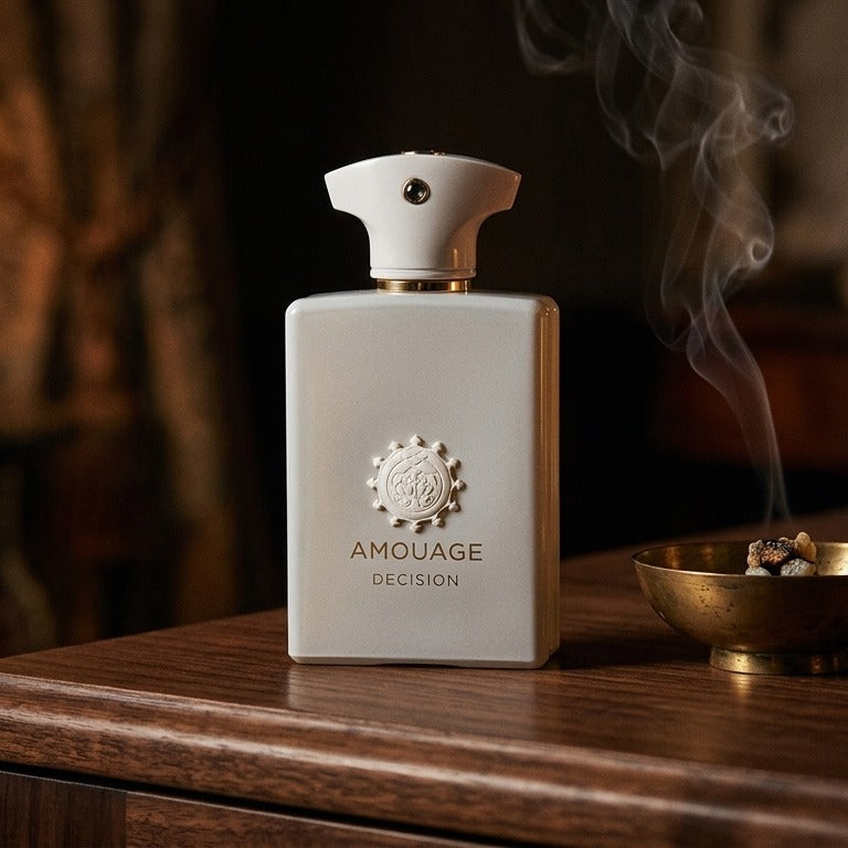 Amouage Decision EDP on charcoal slate with a slender oud chip and drifting incense smoke