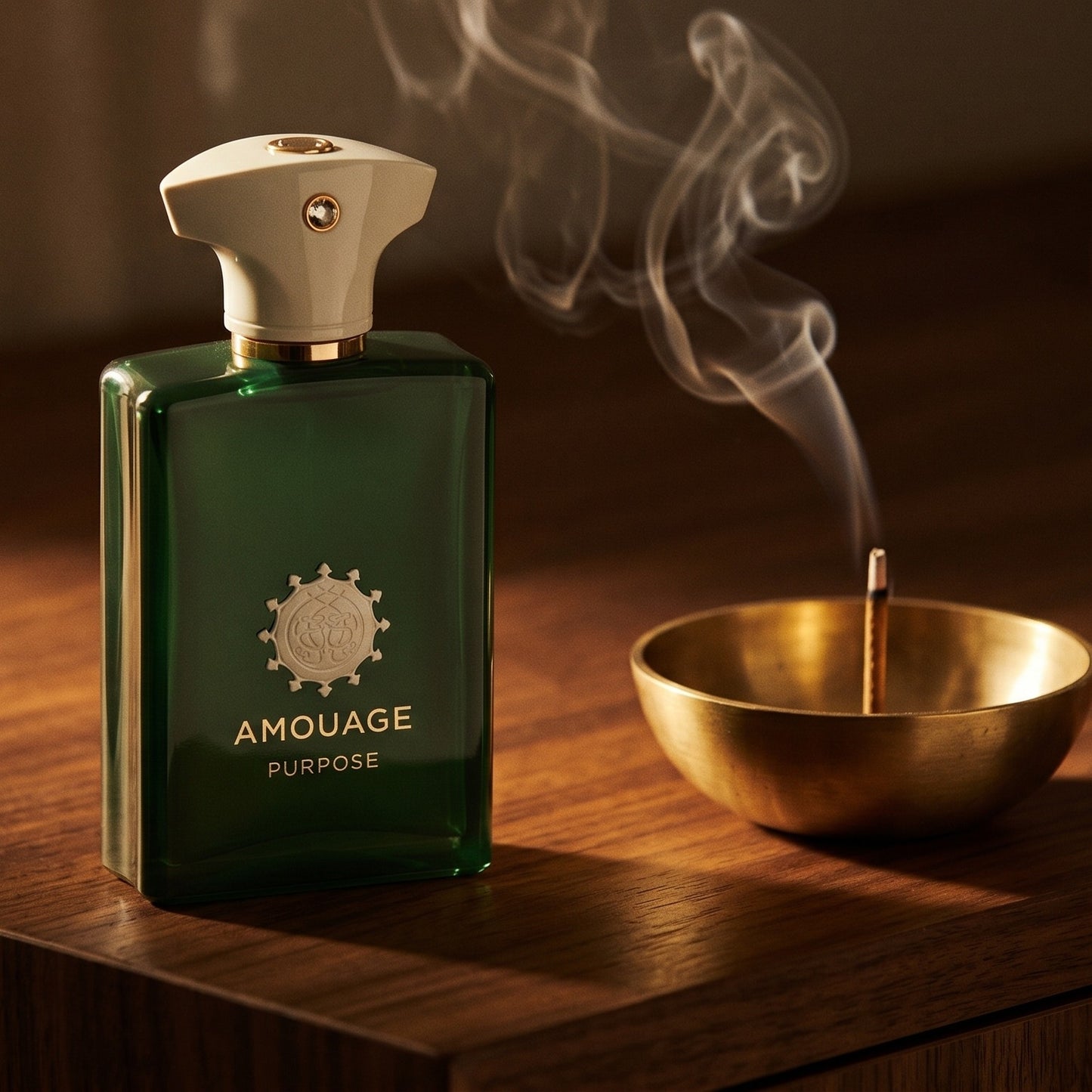 Amouage Purpose EDP on smoked-glass tabletop with a lacquered incense burner in mid-glow