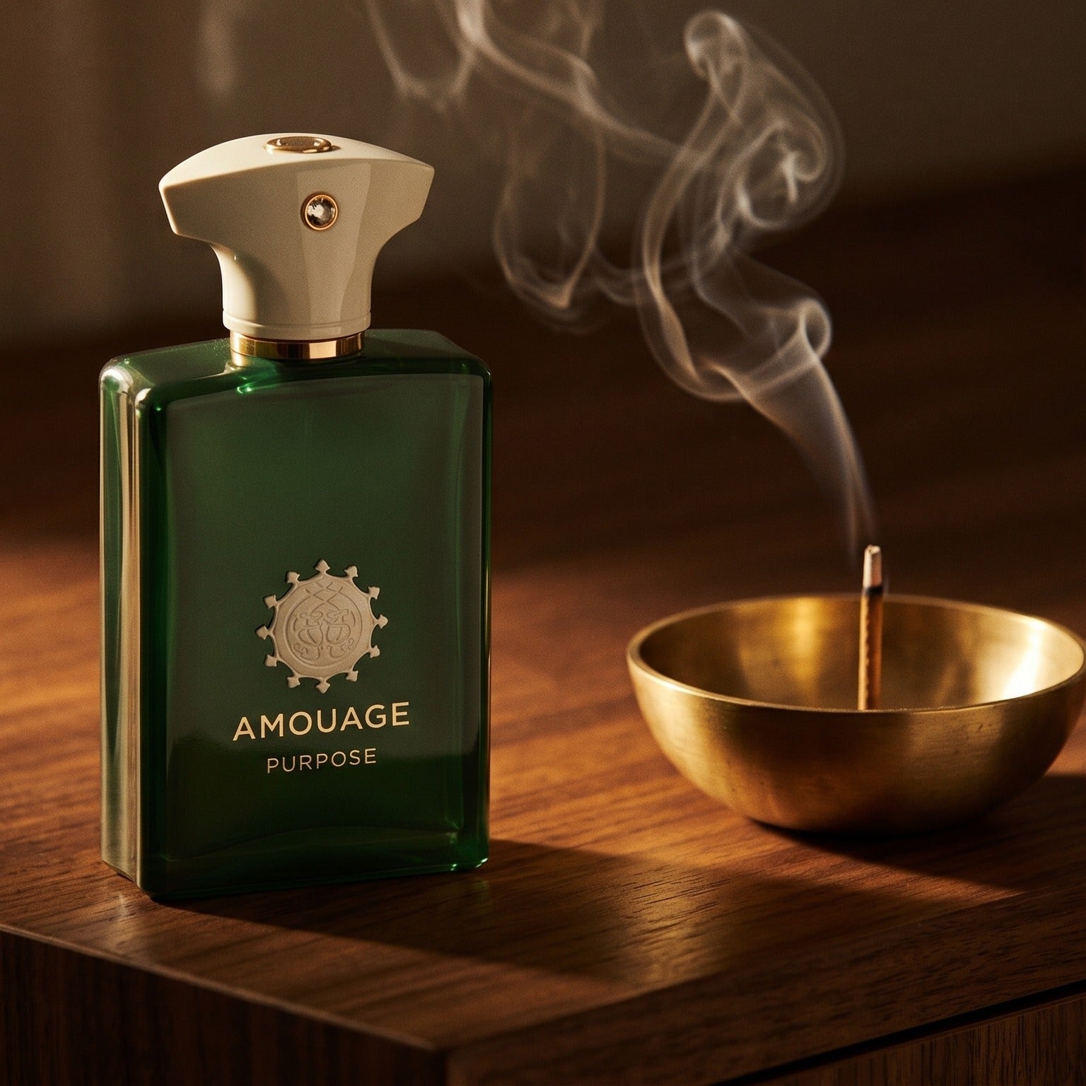 Amouage Purpose EDP on smoked-glass tabletop with a lacquered incense burner in mid-glow
