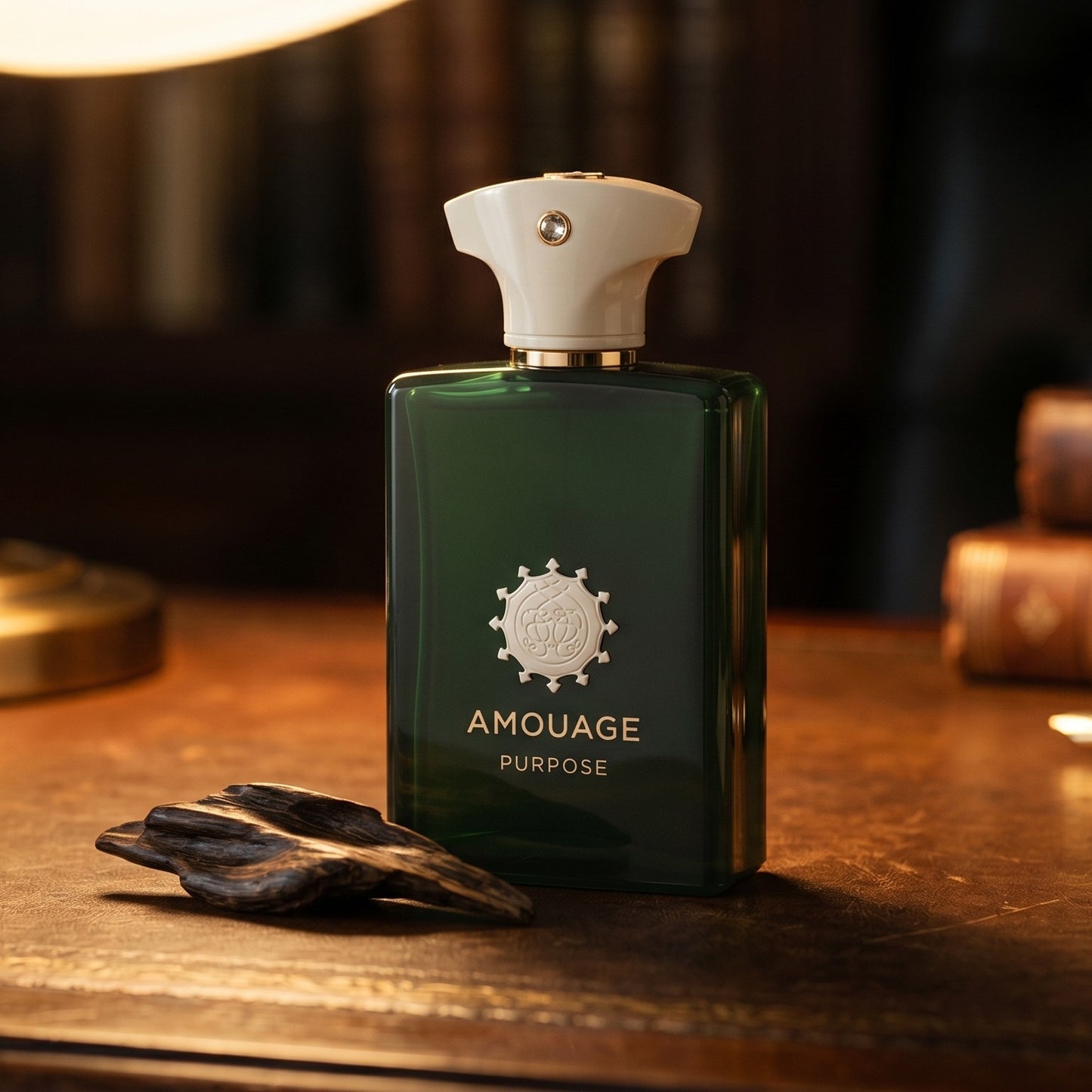 Amouage Purpose EDP on worn saddle-leather surface with oud resin chunks in a small dish