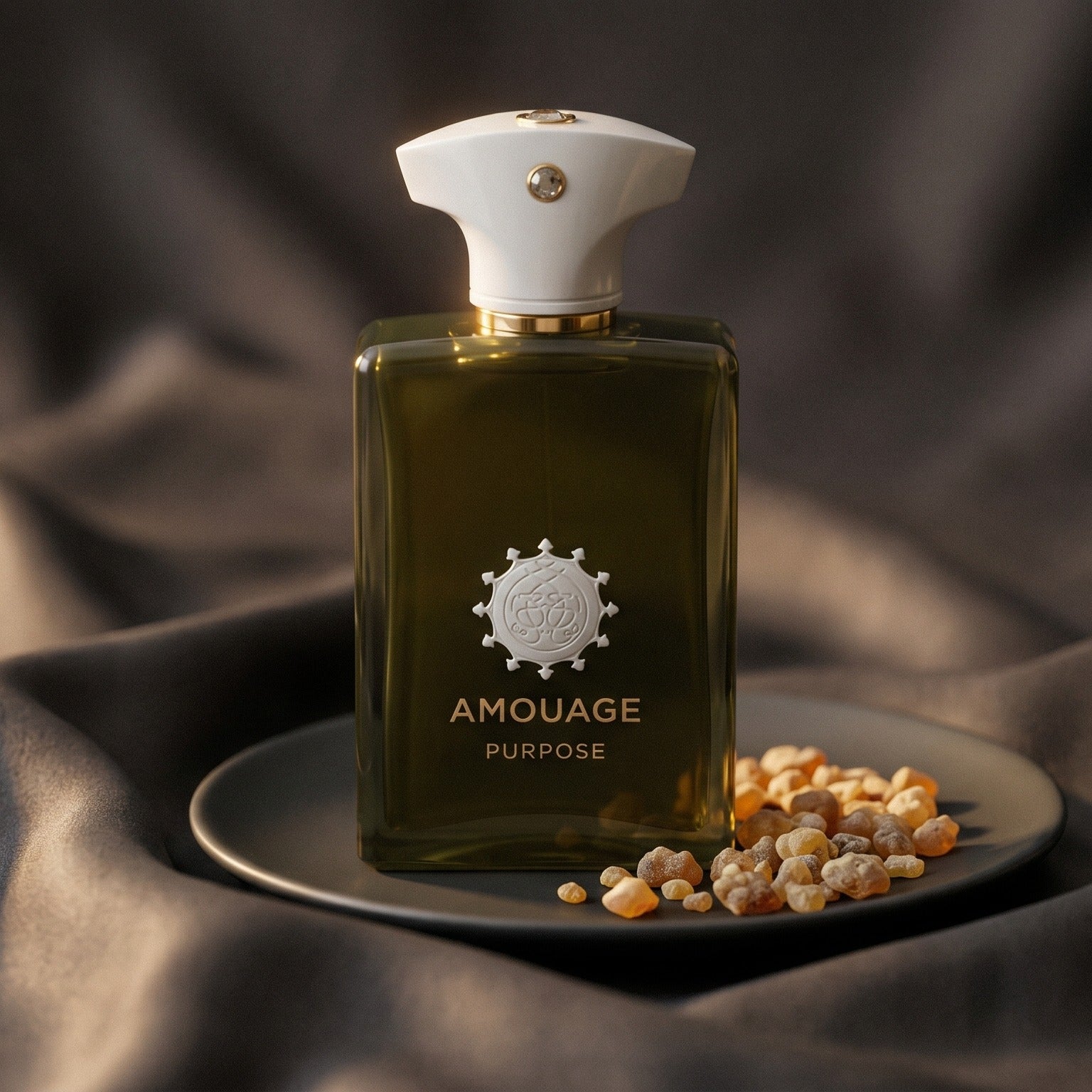 Amouage Purpose EDP on burnt-orange silk with smoldering agarwood on a stone dish