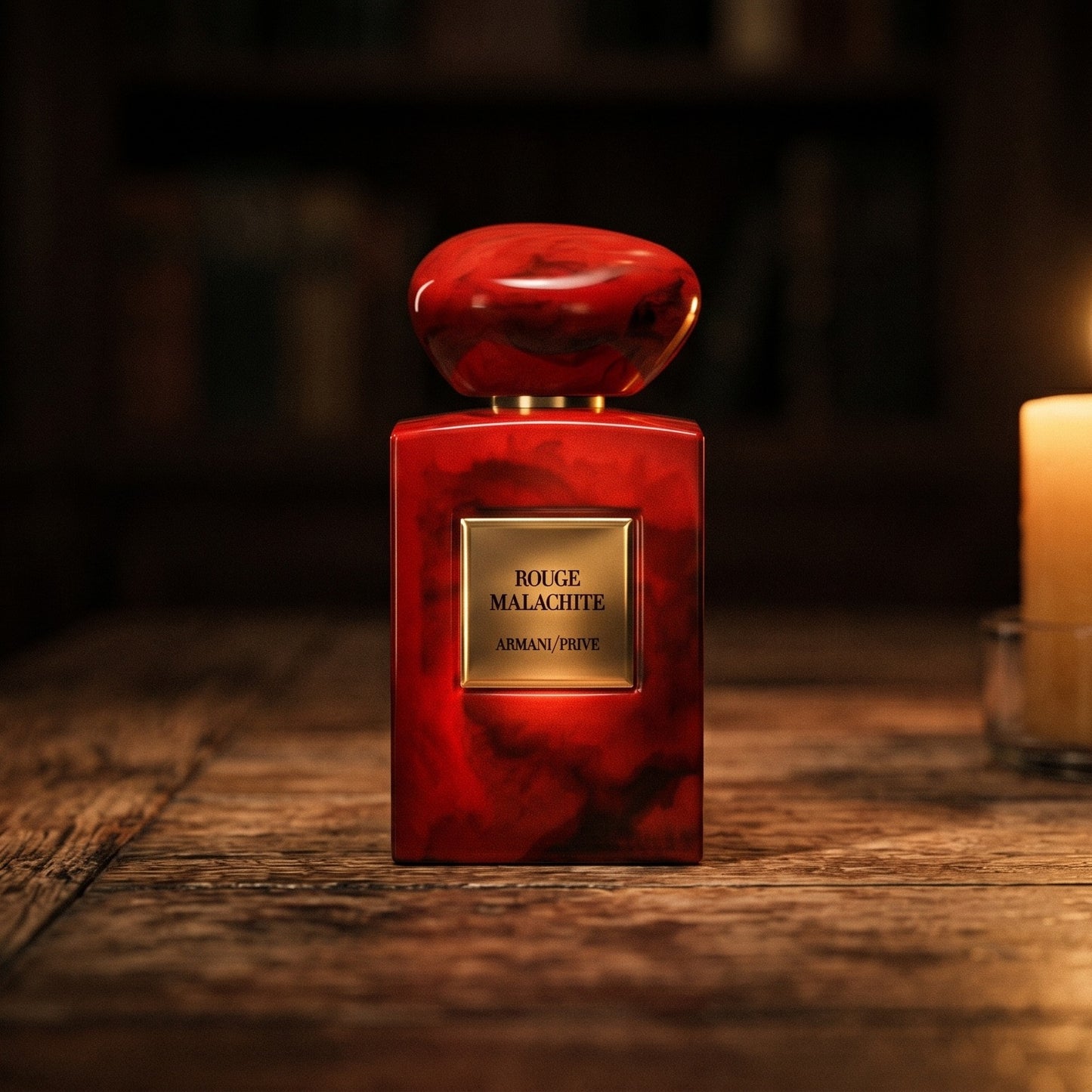 Armani/Prive Rouge Malachite on aged teak with a candle burning gently to frame-right