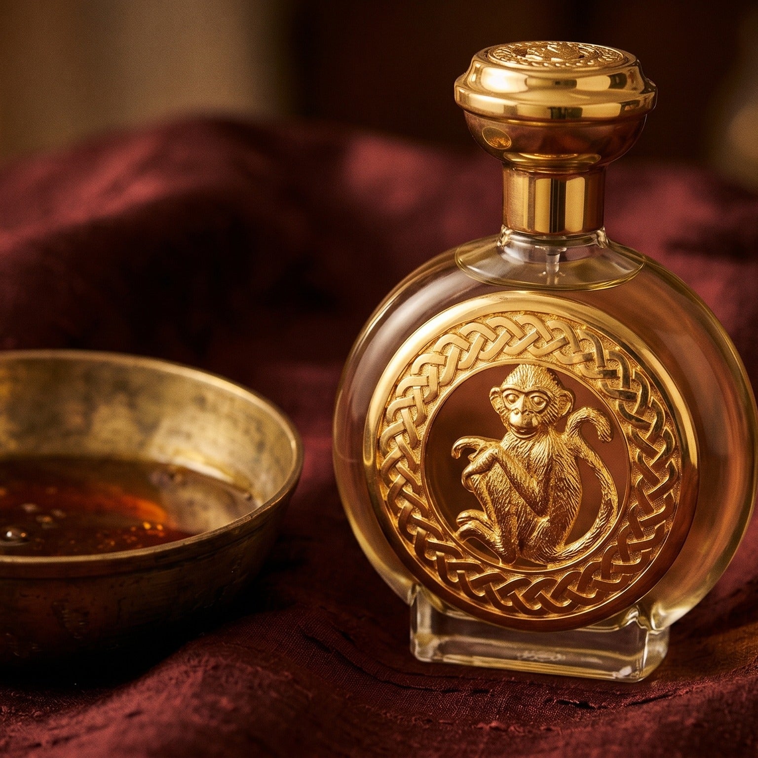 Boadicea Hanuman EDP on burnt-orange raw silk with a brass vial of frankincense oil