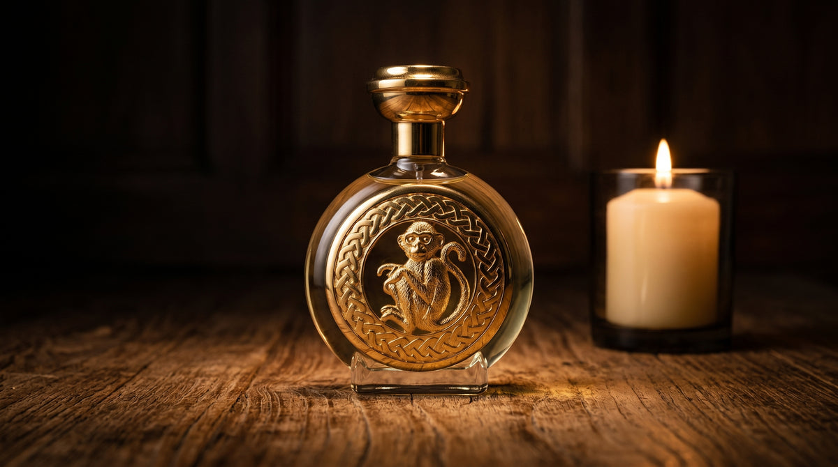 Boadicea Hanuman EDP on aged teak with a candle burning gently to frame-right