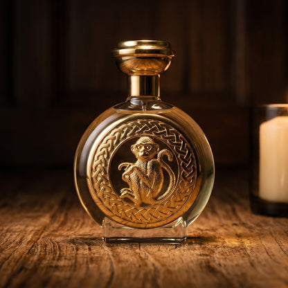 Boadicea Hanuman EDP on rosewood surface with a squat brass candle flickering nearby