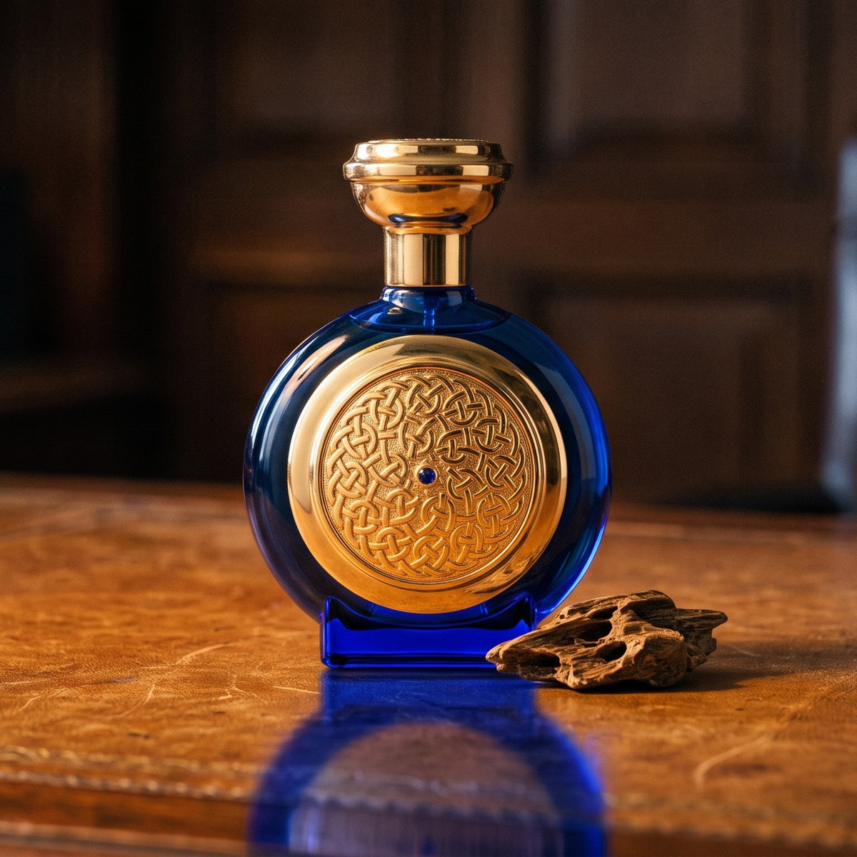 Boadicea the Victorious Blue Sapphire EDP on aged leather-topped desk with a single agarwood chip beside the bottle