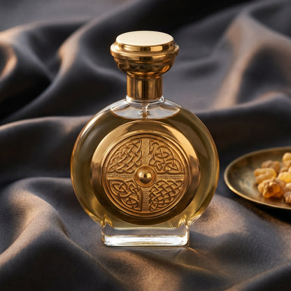 Boadicea the Victorious Defender on black velvet with a thread of smoking oud between folds