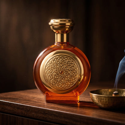 Boadicea the Victorious Tobacco Sapphire on charcoal slate with a slender oud chip and drifting incense smoke