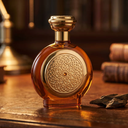 Boadicea the Victorious Tobacco Sapphire on patinated leather tray with a pinch of frankincense beside the bottle