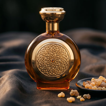 Boadicea the Victorious Tobacco Sapphire on charcoal silk with frankincense resin granules in a small saucer