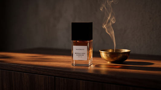 Bohoboco Mango Yuzu Gasoline Perfume on dark walnut console with a small brass incense bowl with smoke curling upward