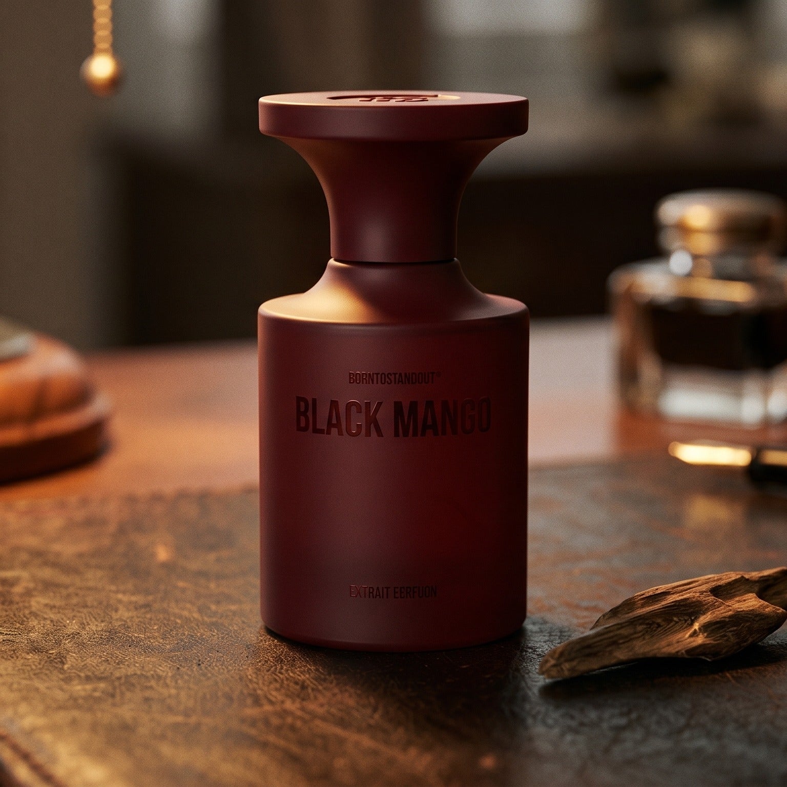 Borntostandout Black Mango Extrait Extreme on aged leather-topped desk with a single agarwood chip beside the bottle