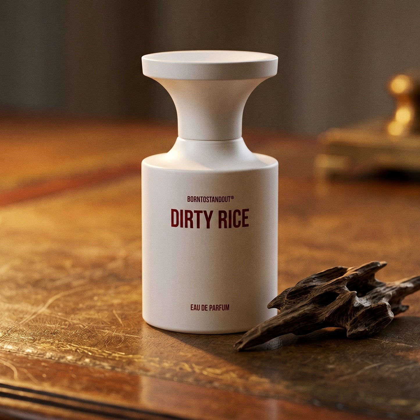 Borntostandout Dirty Rice EDP on worn saddle-leather surface with oud resin chunks in a small dish