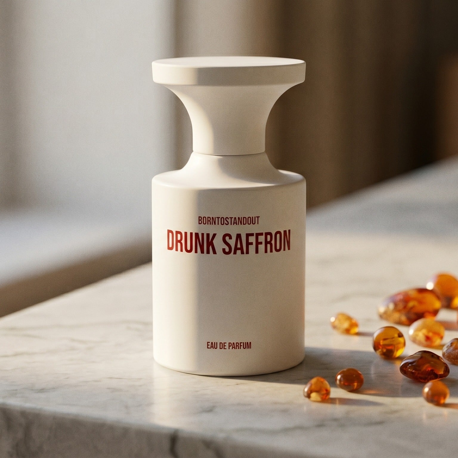 Borntostandout Drunk Saffron EDP on polished limestone with benzoin resin pebbles arranged loosely
