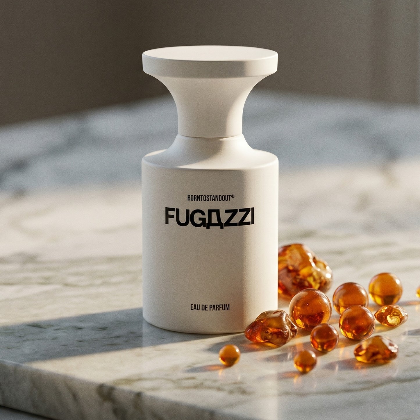Borntostandout Fugazzi By EDP on pale sandstone with golden amber shards catching the light