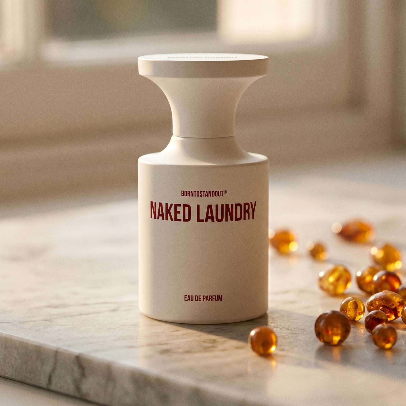 Borntostandout Naked Laundry EDP on cream stone with a scatter of honey-colored ambergris flakes