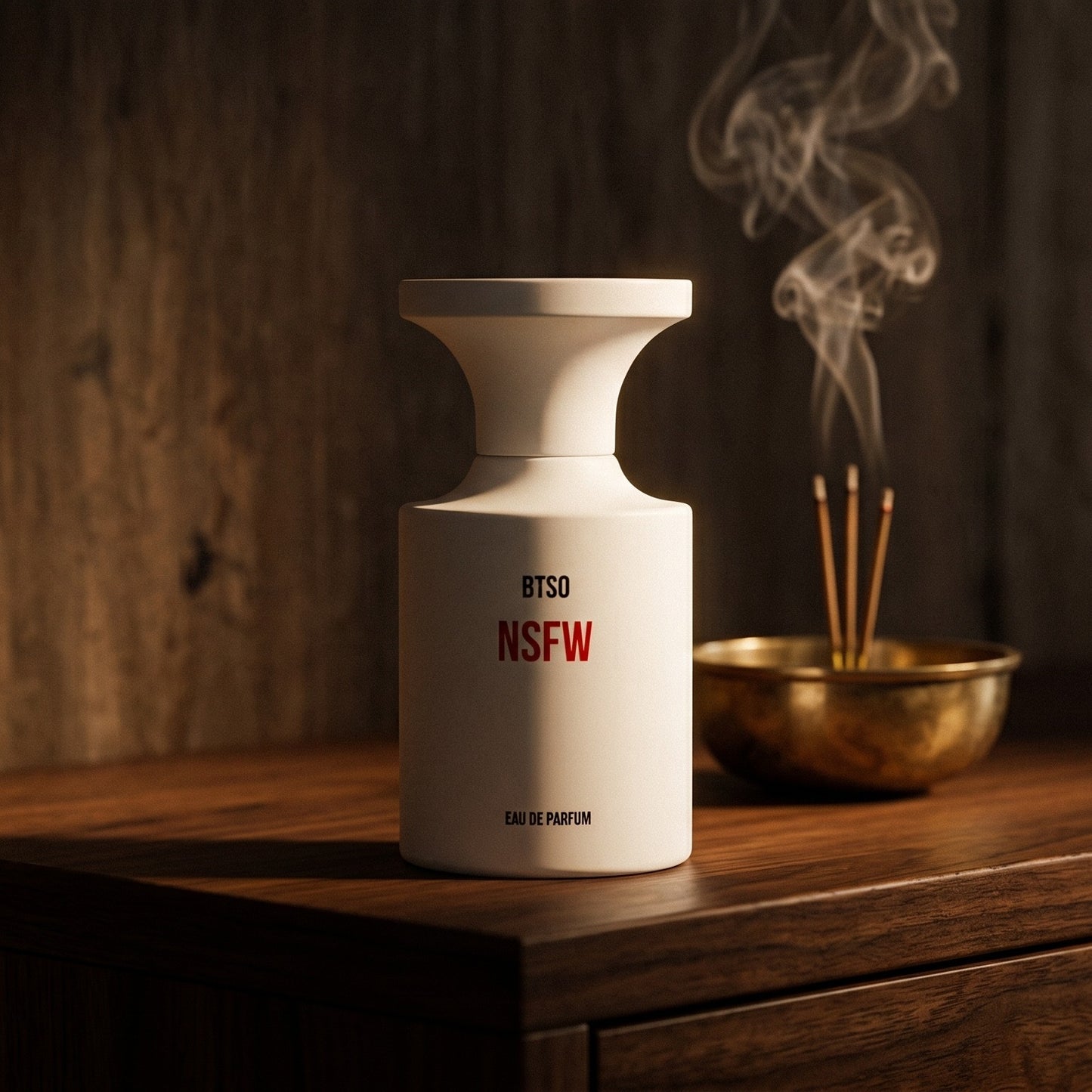 Borntostandout NSFW EDP on smoked-glass tabletop with a lacquered incense burner in mid-glow