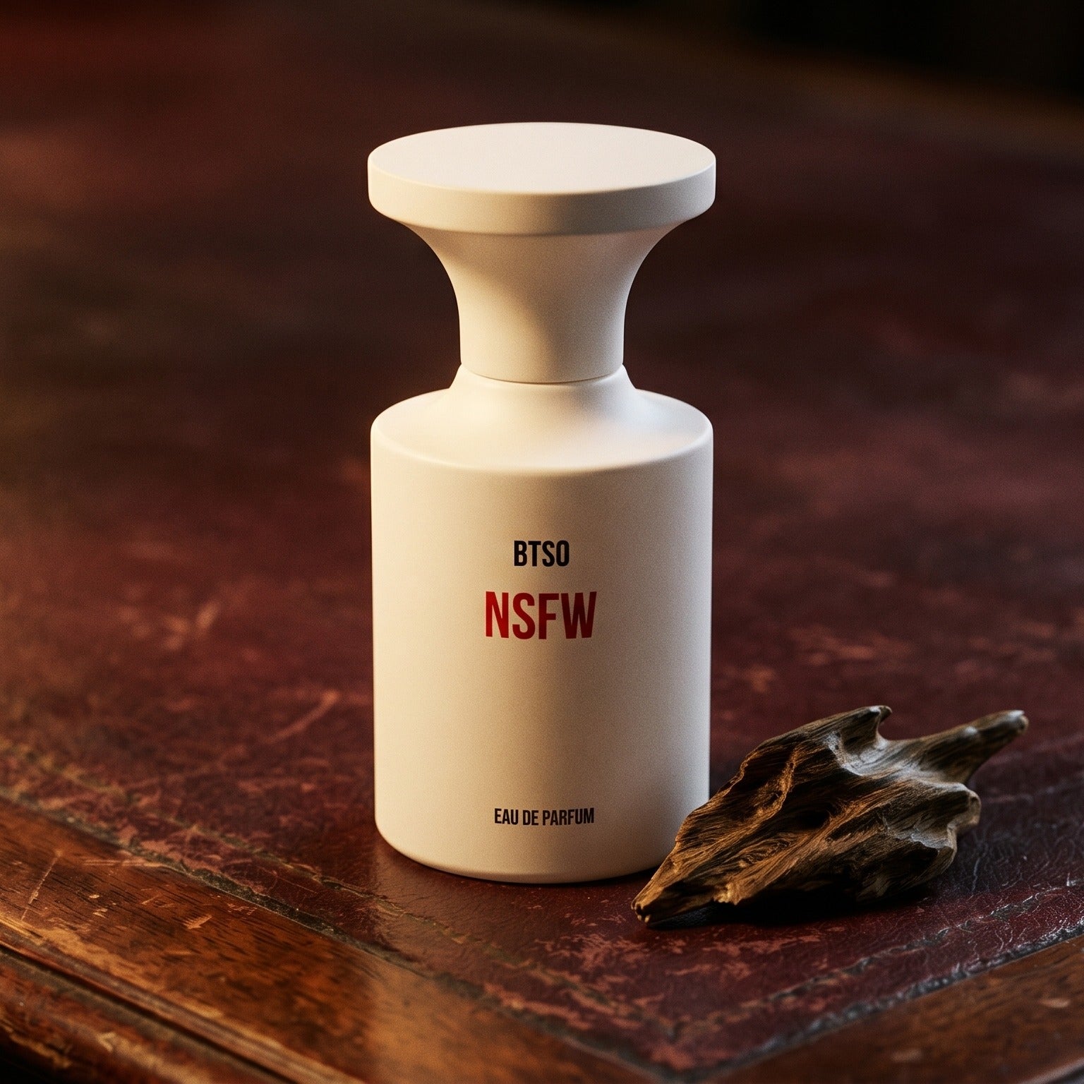 Borntostandout NSFW EDP on patinated leather tray with a pinch of frankincense beside the bottle