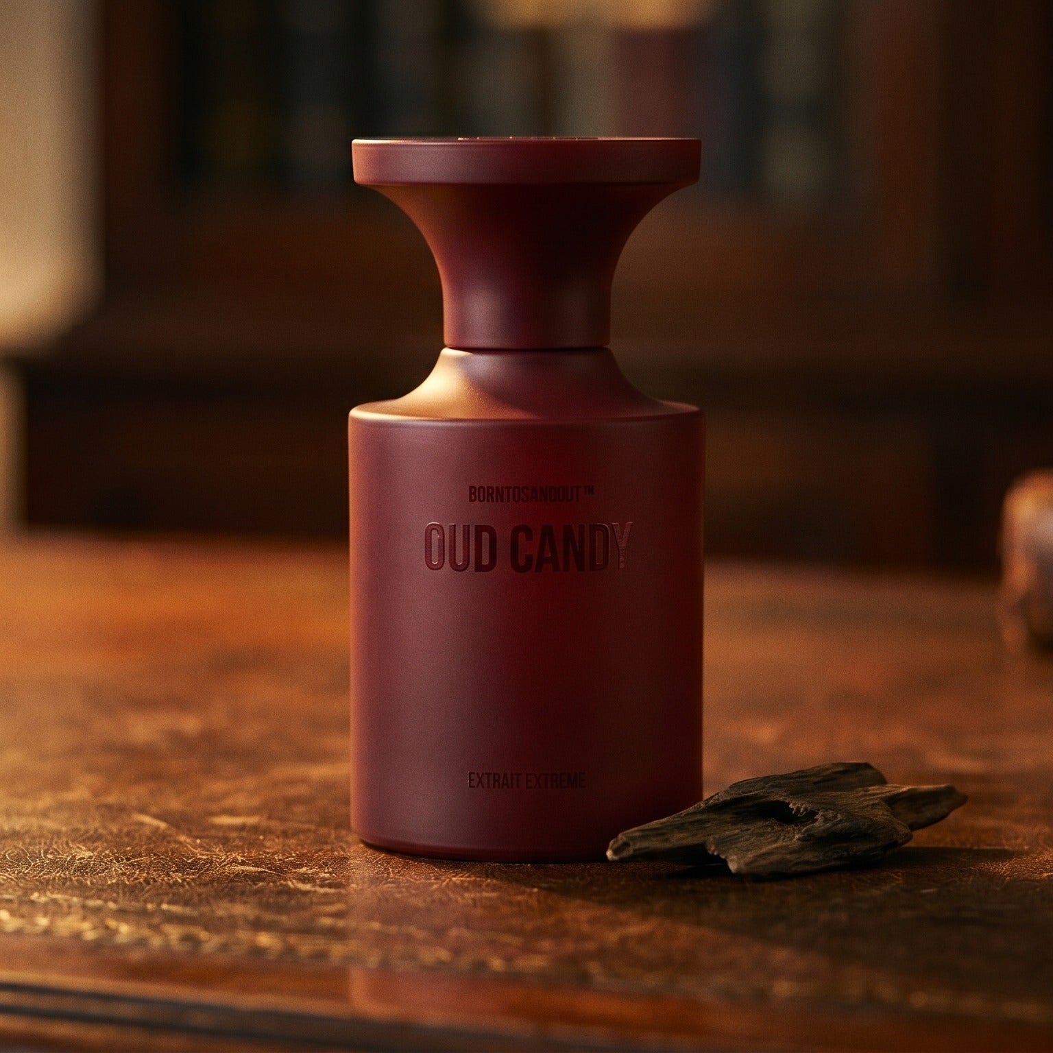 Borntostandout Oud Candy Extrait Extreme on aged leather-topped desk with a single agarwood chip beside the bottle
