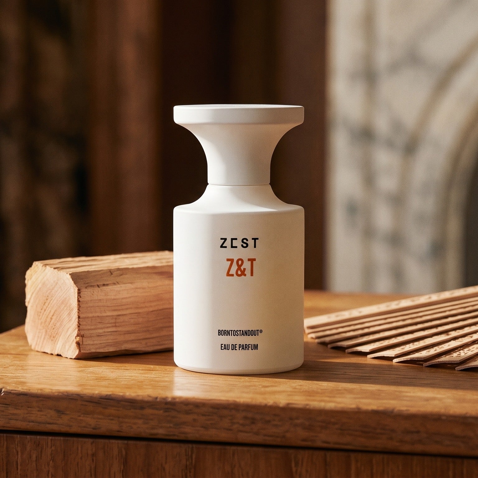 Borntostandout Z&T EDP on weathered oak with a scatter of cedarwood shavings