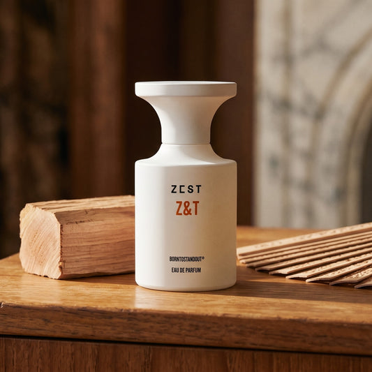 Borntostandout Z&T EDP on weathered oak with a scatter of cedarwood shavings