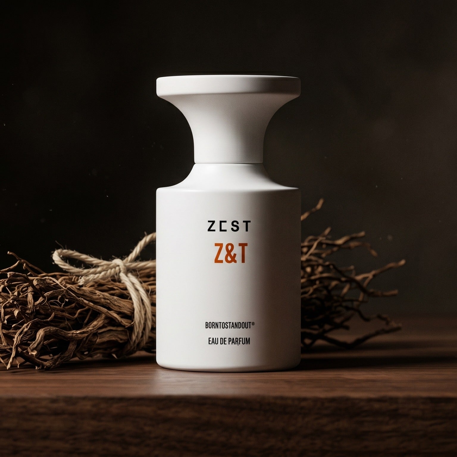 Borntostandout Z&T EDP on smoked ebony with a bundle of cedar twigs resting diagonally