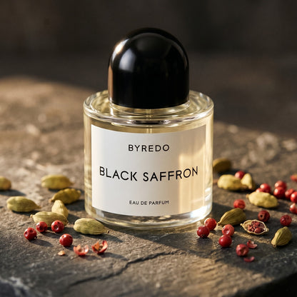 Byredo Black Saffron on charcoal-toned marble with ground turmeric in a brass spoon