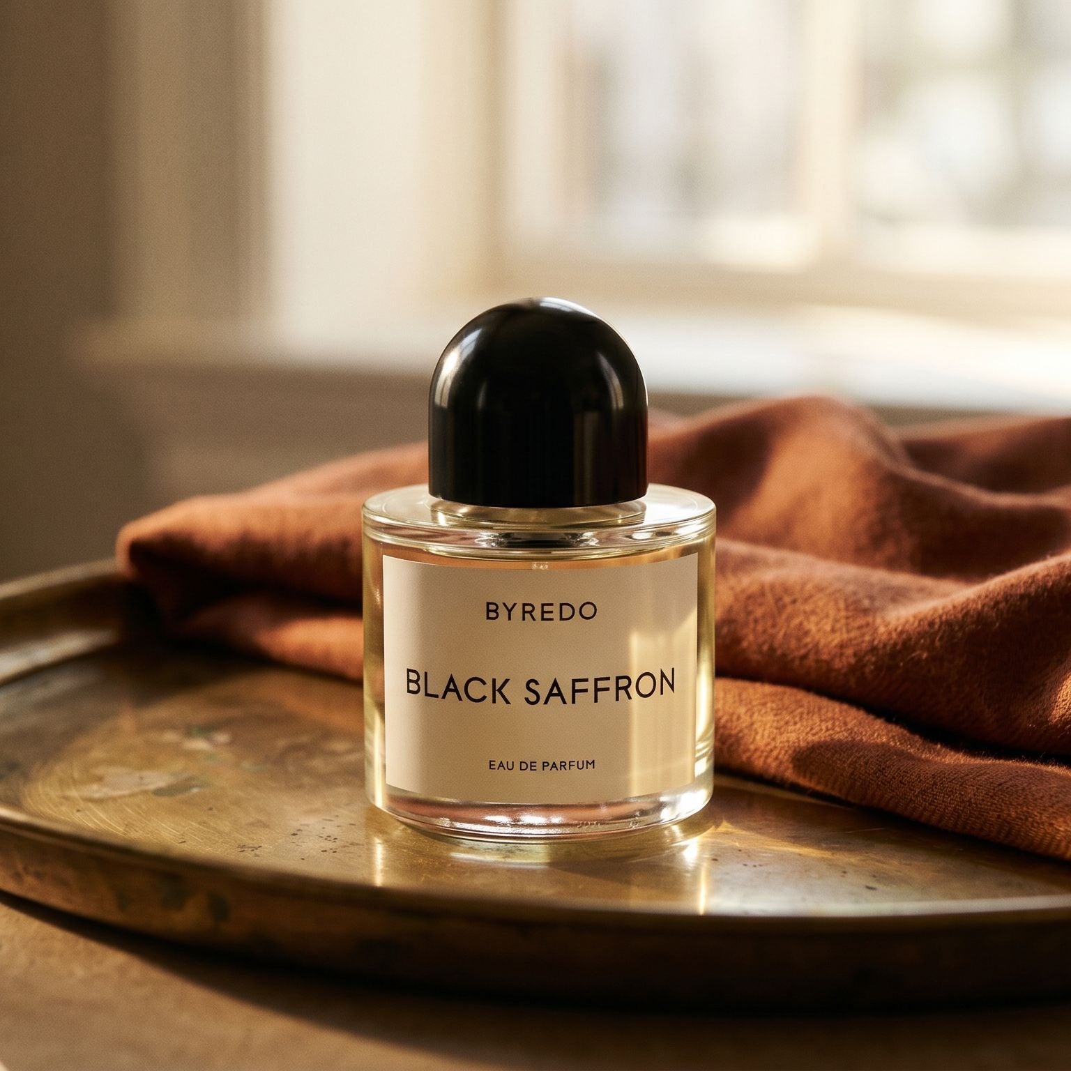 Byredo Black Saffron on brass-edged surface with a silk-wool wrap in burnt sienna