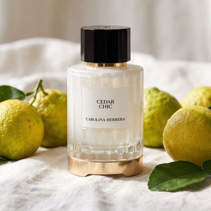 Carolina Herrera Cedar Chic EDP on bleached linen with a few whole bergamots with their leaves