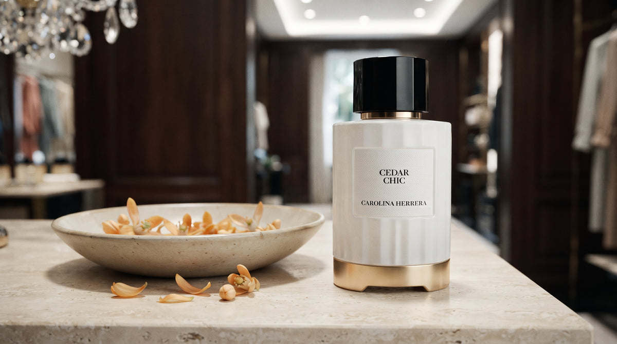 Carolina Herrera Cedar Chic EDP on pale stone with orange-blossom petals in a shallow bowl