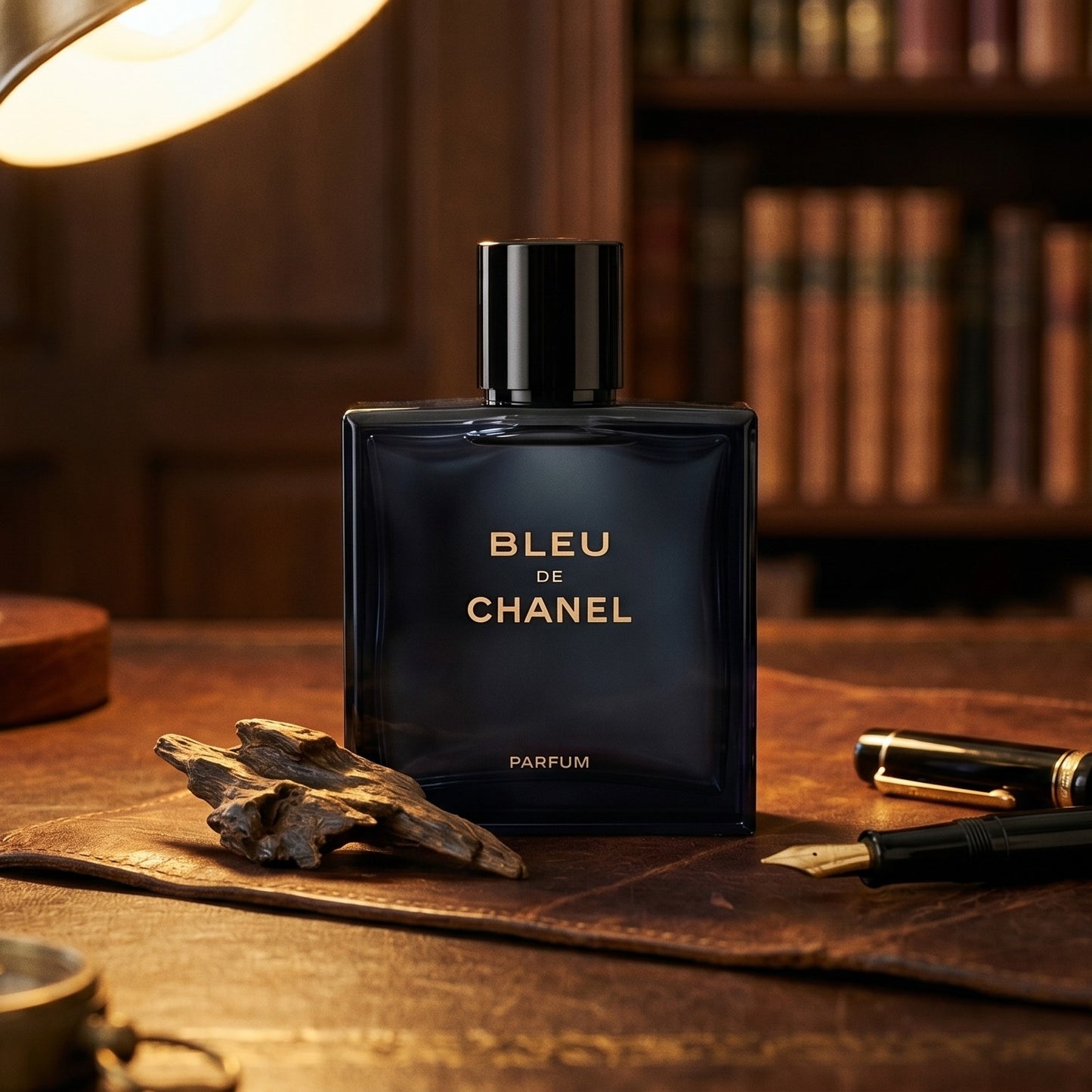 Chanel Bleu de Chanel EDT on aged leather-topped desk with a single agarwood chip beside the bottle