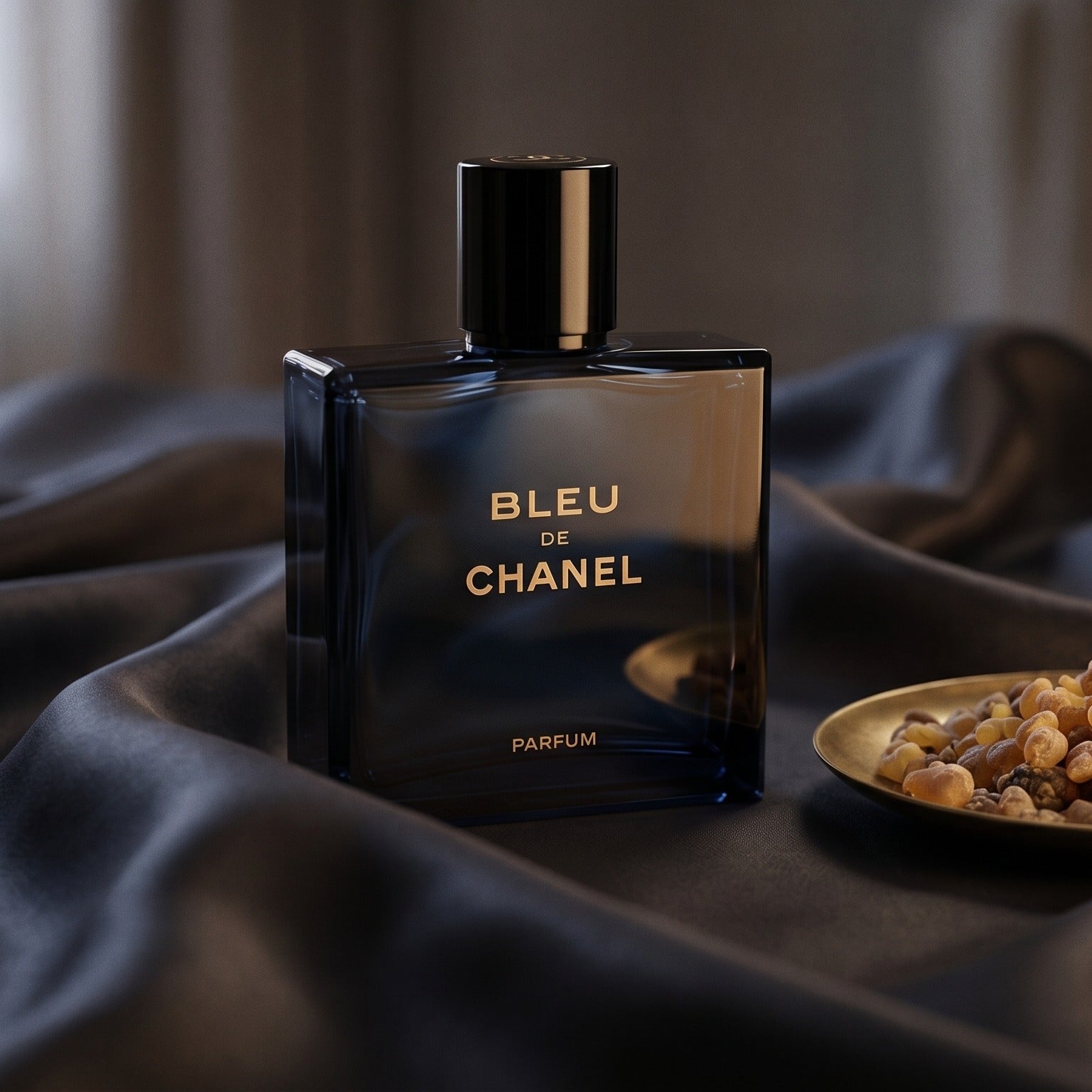 Chanel Bleu de Chanel EDT on black velvet with a thread of smoking oud between folds