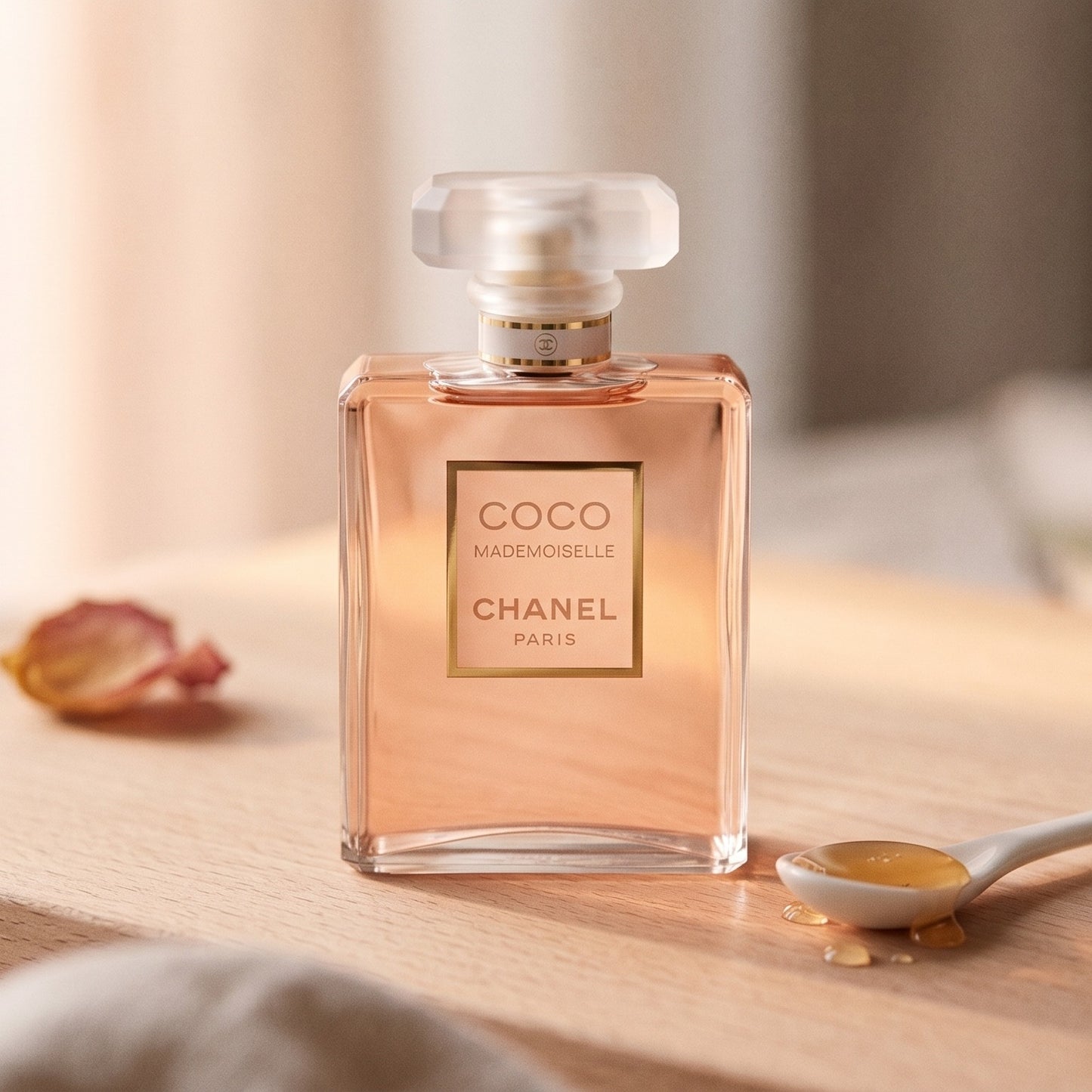 Chanel Coco Mademoiselle on pale beech wood with a small porcelain spoon with honey