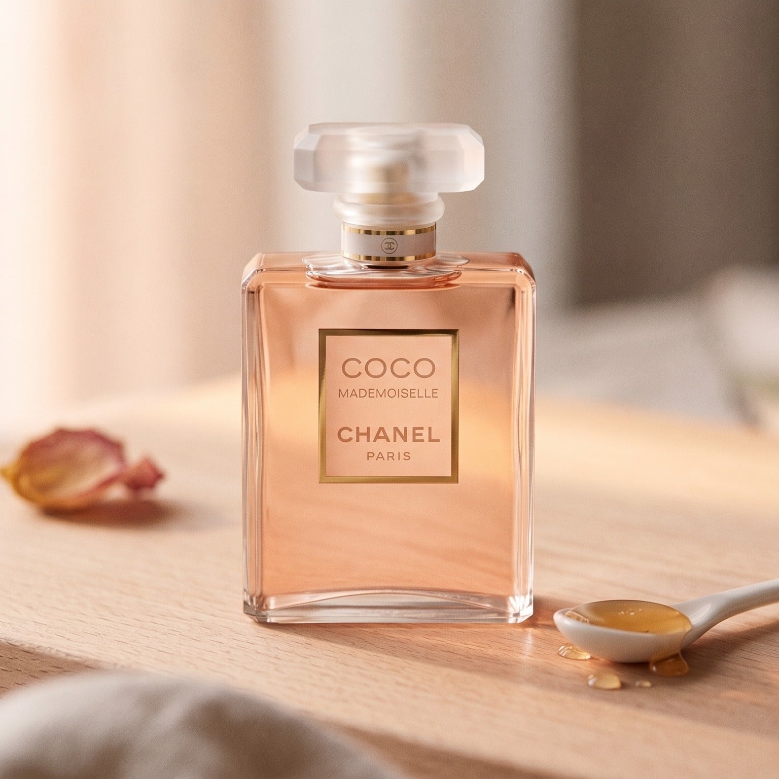Chanel Coco Mademoiselle on pale beech wood with a small porcelain spoon with honey