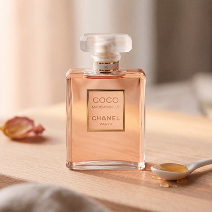 Chanel Coco Mademoiselle on pale beech wood with a small porcelain spoon with honey