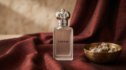 Clive Christian Kinam Parfum - Dubai Exclusive on raw silk of oxblood color with a brass bowl with ambergris tincture