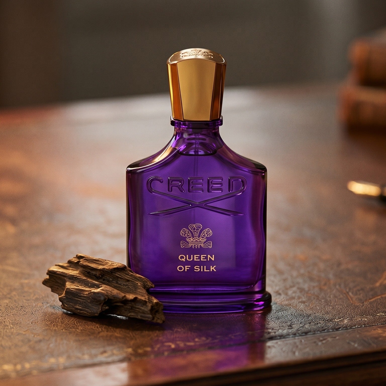 Creed Queen of Silk EDP on patinated leather tray with a pinch of frankincense beside the bottle