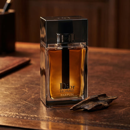 Dior Homme Parfum on aged leather-topped desk with a single agarwood chip beside the bottle